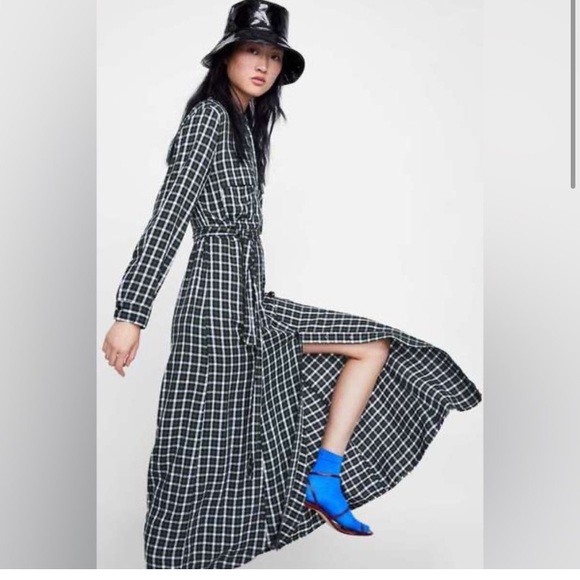 NWT Zara Green Plaid midi Button Shirt Dress - Picture 1 of 4